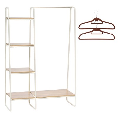 IRIS Metal Garment Rack with Wood Shelves White and Light Brown includes 2 Hangers