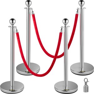 VEVOR 4PCS Stainless Steel Stanchion Posts Queue, Red Velvet Ropes Silver Post, 5FT Rope Barriers Queue Line Crowd Control Barriers, Silver - 1 of 4