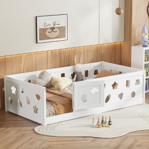 CAVINAS Twin Size Wood Montessori Bed,House-Shaped Floor Bed with Heightened Safety Guardrails and Door,Toddler Bed for Bedroom - 1 of 4