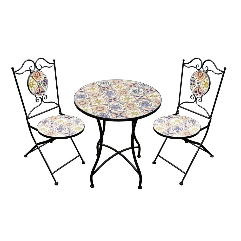 Photos - Dining Table 3pc Mediterranean Tile Design Indoor/Outdoor Table and Chairs Patio Set - Alpine Corporation: Weather-Resistant Iron Bistro