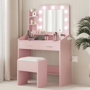 Vanity Desk with Mirror and Lights, Makeup Vanity with Cushioned Stool, 3 Lighting Modes Adjustable Brightness - 1 of 4