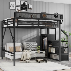Full Size Black Metal Loft Bed with Stairs Storage Shelves and High Loft Bed with Wardrobe for Kids Teens - 1 of 4