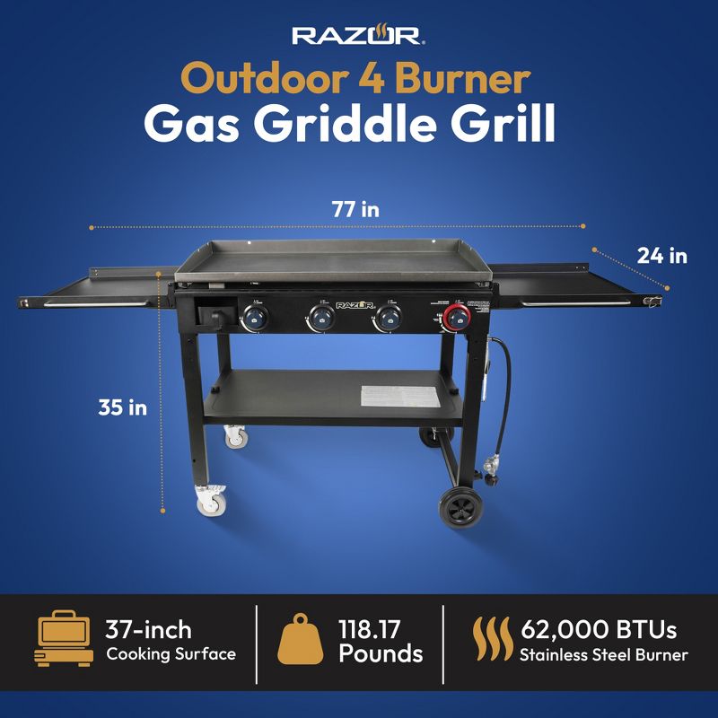 Razor Griddle Outdoor Steel Burner Propane Gas Grill Griddle with Wheels and Top Cover Lid Folding Shelves for Home BBQ Cooking, 4 of 8