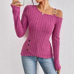 Women's T-Shirt  Asymmetric Off-Shoulder Ribbed Top - Metal Buckle Accent & Side Buttons, Slim-Fit Knit Blouse - 1 of 4