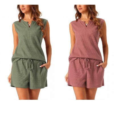 cheibear Women's Waffle Knit Sleeveless Matching Tank Top and Shorts Pajama Sets 2 Pcs