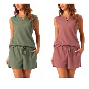 cheibear Women's Waffle Knit Sleeveless Matching Tank Top and Shorts Pajama Sets 2 Pcs - 1 of 4