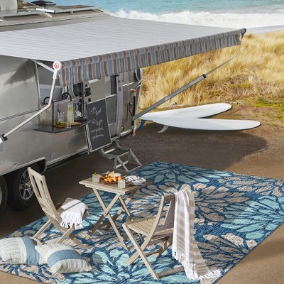 Navy and Aqua Floral Flat Woven Indoor/Outdoor Rug