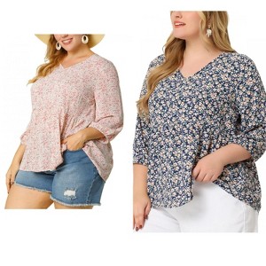 Women's Plus Size 2 Pieces V Neck Babydoll 3/4 Sleeve Pleat Floral Flowy Blouses - Agnes Orinda - 1 of 4