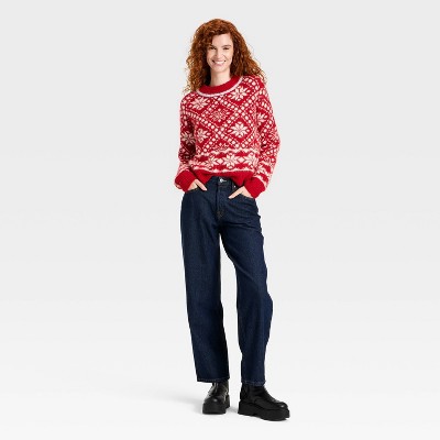 Women's Long Sleeve Cozy Alpine Snowflake Crewneck Pullover Sweater - Universal Thread' Red - image 3