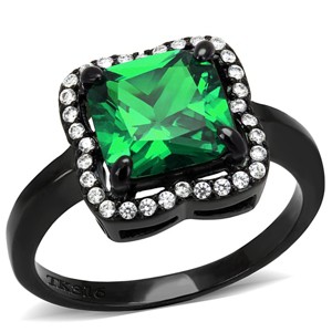 Slickblue IP Black Stainless Steel Engagement Ring with Emerald CZ and Clear Stones - Square Halo Design, Size 5-10 - 1 of 4