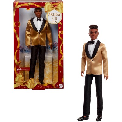 Barbie Signature 2025 Holiday Dark Brown Hair Ken Collectible Fashion Doll wearing Full Suit with Golden Jacket
