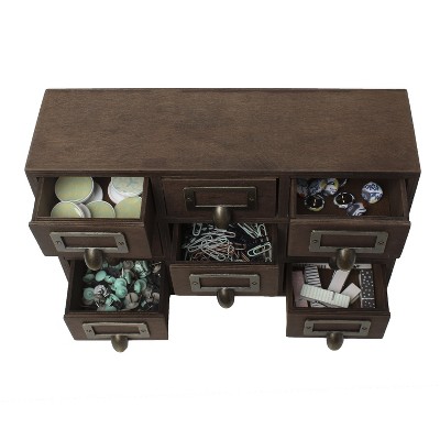 Rustic Brown Wood Desktop Organizer with 9 Apothecary Drawers
