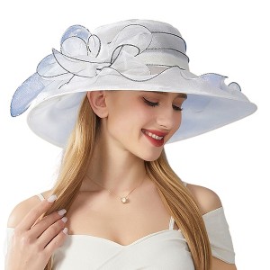 Anna-Kaci Women's Wide Brim Organza Dress Hat with Sheer Ribbon Floral Design for Formal Events and Sun Protection - 1 of 4