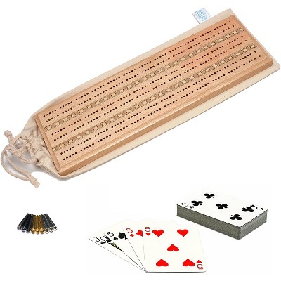 WE Games Deluxe Cribbage Set - Solid Wood with Inlay Sprint 3 Track Board with Easy Grip Pegs, Deck of Cards & Canvas Storage Bag