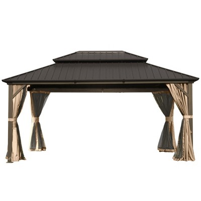 Gloweer Hardtop Gazebo, Outdoor Aluminum Frame Canopy with Galvanized Steel Roof, Permanent Metal Pavilion with Curtains and Netting