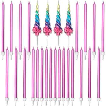 Blue Panda 28-Piece Rainbow Unicorn Horn Cake Topper & Metallic Pink Birthday Cake Candles 5" in Holder