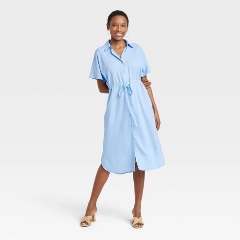 Women's Short Sleeve Linen Midi Shirtdress - A New Day™ Blue XS