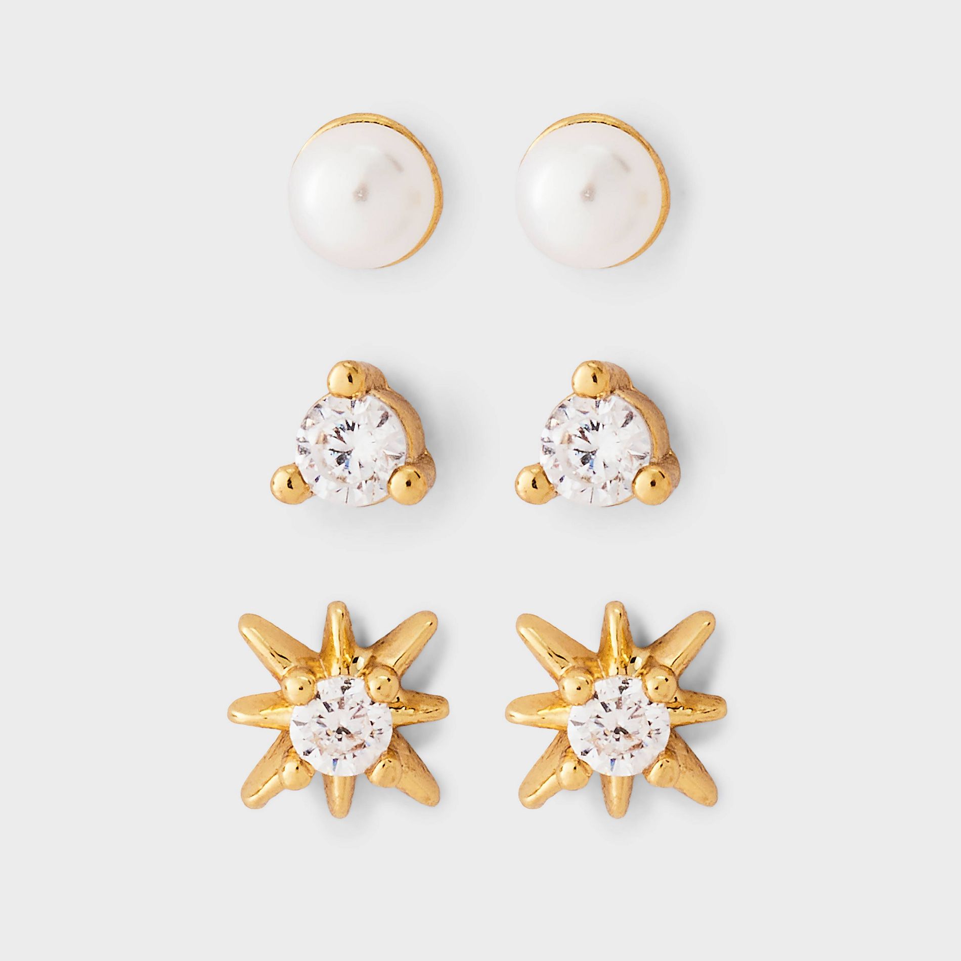 14K Gold Plated & Cubic Zirconia Glass Pearl Starburst Stainless Steel Post Earring Set 3pc - A New Day™ Gold