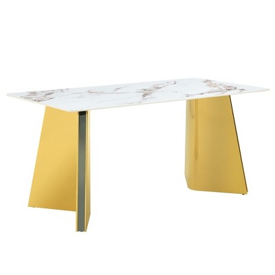 NicBex 63 Inch Rectangle Dining Table with Patterned Slab Tabletop and Stainless Steel Butterfly Legs for 6 to 8