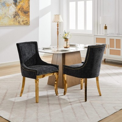 Modern Luxury Chenille Dining Chairs Set of 2 with Gold-Plated Curved Legs and Rivet Trim for Dining Room-Baofuwish