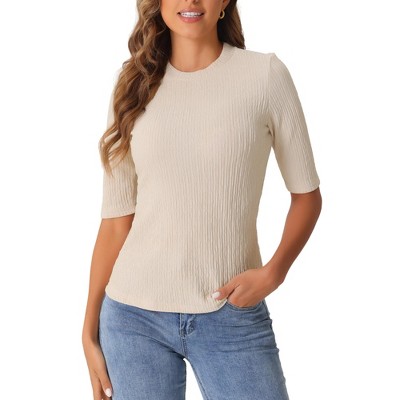 Allegra K Women's Crew Neck Ruched Solid Half Sleeve Basic Casual Top