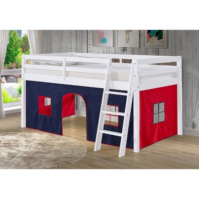 White Twin Pine Wood Loft Bed with Blue and Red Tent
