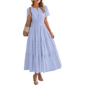 Women's 2025 Summer Casual Midi & Maxi Dress - Lightweight V-Neck Boho Beach Dress with Elastic Waist & Pockets Light Blue - 1 of 4