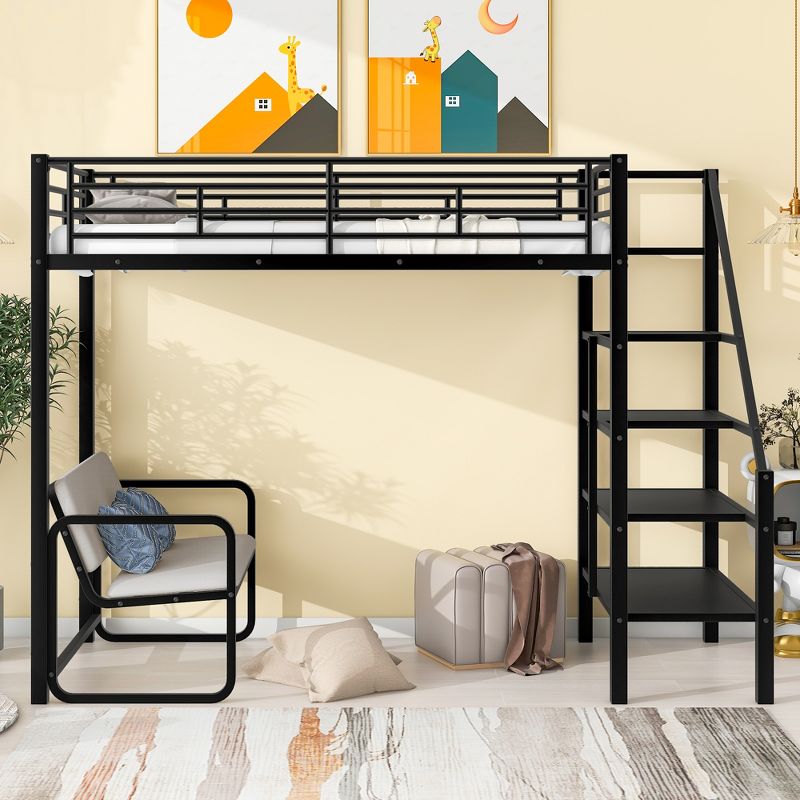 Twin Size Metal Loft Bed with Bench and Storage Staircase, Black-ModernLuxe, 2 of 12