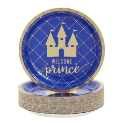 Blue Panda 50 Pack Royal Blue Castle Themed Paper Party Plates for Royal Prince Baby Shower Decorations for Boys, 9 In