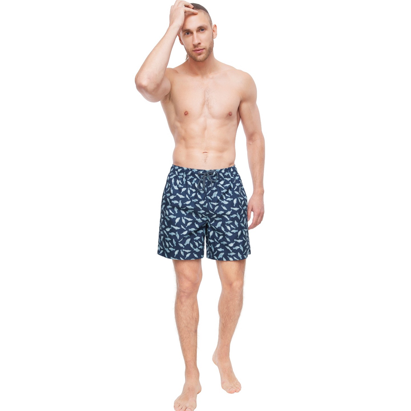 Мужские шорты Rokka&Rolla 7'' Pattern Swim Shorts with Compression Liner-Blue Tropical Print, size Medium, цвет: Тёмно-синий — фото 6