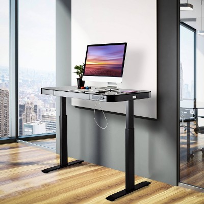 Black Adjustable Height Glass Standing Desk with USB Port and Drawer