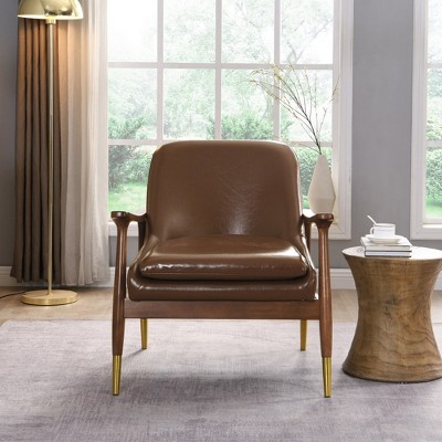 Ridstar 29.2 Inch Modern Upholstered Faux Leather Accent Chair & Armchair with Cushion,Brass Legs For Office, Reading & Living Room-Dark Brown