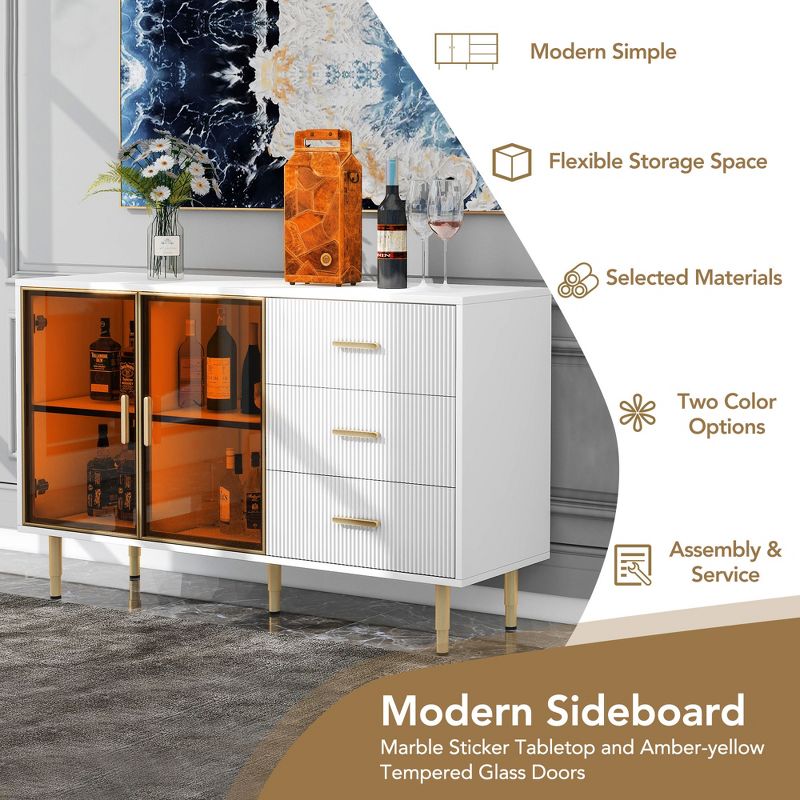 Modern Sideboard, Buffet Storage Cabinet with Amber-yellow Tempered Glass Doors and Gold Metal Legs & Handles-ModernLuxe, 4 of 14
