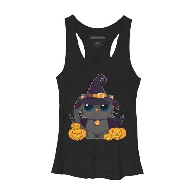 Women's Design By Humans Black Cat With Jack O Lantern Halloween Shirt By thebeardstudio Racerback Tank Top