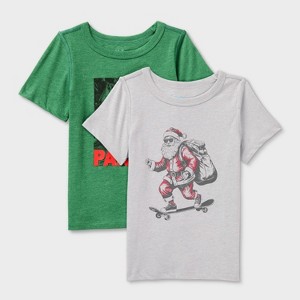 Toddlers 2pk Adaptive Short Sleeve Christmas 'Dino Party/Santa Skate' Graphic T-Shirt - Cat & Jack™ Pine Green/Heather Gray - 1 of 3