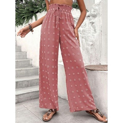 Women's High Waist Polka Dot Wide Leg Pants Elastic Smocked Waist Lounge Trousers