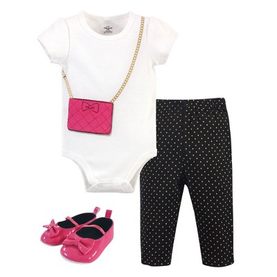 Little Treasure Baby Girl Cotton Bodysuit, Pant And Shoe 3pc Set, Dark ...
