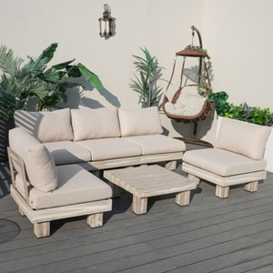 Moda Furnishings 5-Person Outdoor Patio Aluminum Wood Grain Sectional Seating Group With Beige Cushions - 1 of 4