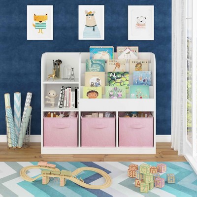 MAYEERTY Bookshelf and Bookcase, Multifunctional Bookcase with 3 Collapsible Fabric Drawers, Bookcase Display Stand for Bedroom Playroom White Pink