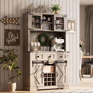 72" Kitchen Pantry Storage Cabinet with Hutch and Sliding Barn Door, Farmhouse Tall Buffet Cabinet with Drawers - 1 of 4