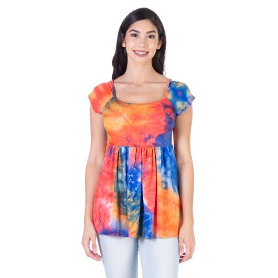 24seven Comfort Apparel Tie Dye Square Neck Cap Sleeve Casual Pleated Tunic Top