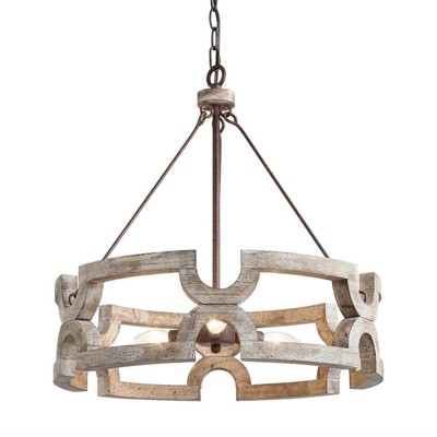 LNC Timeless 3-Light 19.5" Farmhouse/Rustic Small Drum Chandelier, Rustic Bronze and Weathered White Wood Tone
