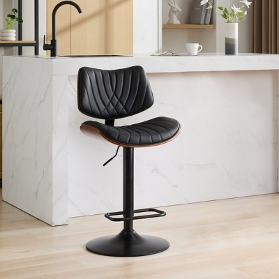 Walnut Bentwood Bar Stools Mid Century Modern Adjustable Counter Height Black Leather Upholstered 360°Swivel Bar Chairs