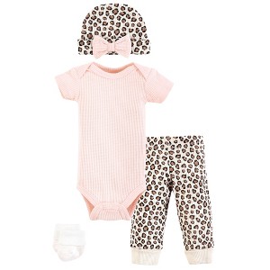 Hudson Baby Girls Thermal Preemie Layette Set 4pc Short Sleeve Outfit, Leopard, Preemie - 1 of 4