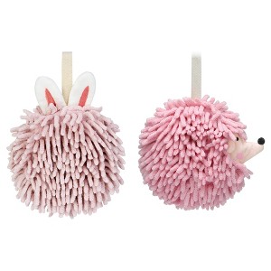 REGALWOVEN Fuzzy Cute Cartoon Decorative Hand Drying Hanging Ball Hand Towels 7" x 7" 2 Pcs - 1 of 4