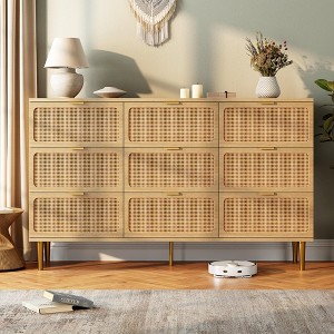 Tall Rattan 9-Drawer Dresser for Bedroom, Large Wooden Chest with Deep Drawers and Wide Top, Versatile Storage for Closet or Living Room - 1 of 4