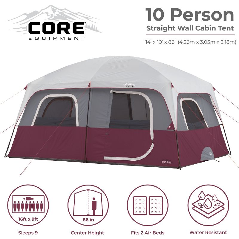 CORE 14'x10' 10 Person Cabin Tent with 2 Rooms and Rainfly - Red, 2 of 7