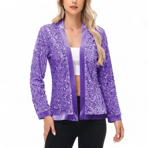 Anna-Kaci Women's Long Sleeve Open Front Sequin Jacket with Satin Trim - 1 of 4
