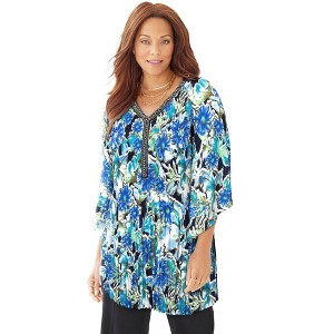 Catherines Women's Plus Size Bejeweled Pleated Blouse - 1 of 4