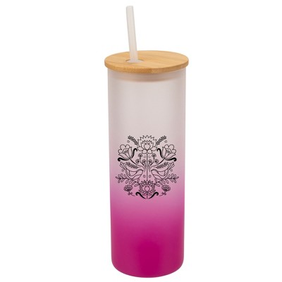 Elanze Designs Love Birds Vintage Floral Damask Wrap-Around Design 25 Ounce Frosted Gradient Glass On-The-Go Coffee Travel Skinny Tumbler Mug Cup,